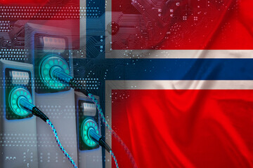 Norway national flag, replenish battery charging station, alternative energy development concept, electric vehicle production, global business, 3d illustration