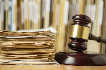 Gavel and a stack of legal paperwork - lawsuits and attorney concept - obrazy, fototapety, plakaty