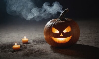 A scary pumpkin lantern with evil grin for Halloween. - obrazy, fototapety, plakaty