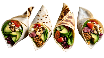 Gourmet wraps, with flavors from around the world isolated on white background