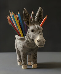 Donkey shaped pencil holder. Colorful pencils, grey donkey on a grey background. Interesting school supplies concept. - obrazy, fototapety, plakaty