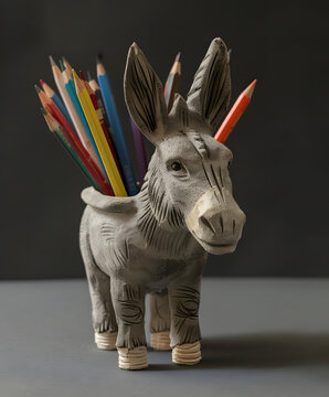 Donkey shaped pencil holder. Colorful pencils, grey donkey on a grey background. Interesting school supplies concept.