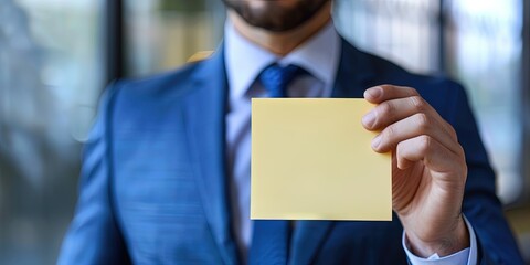 Businessman in a suit holding a blank card template for your personalized message