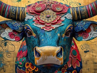 A colorful artistic depiction of a bull's face with intricate patterns