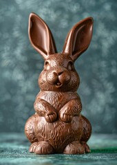 Chocolate easter bunny decoration, isolated on blue background. Luxury chocolate, Easter holiday. Delicious milk, dark chocolate bunny.	