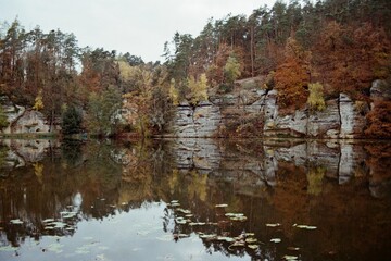 Harasov lake in Kokorinsky dul mine in Czechia on 12. November 2023 on colour film photo -  blurriness and noise of scanned 35mm film were intentionally left in image