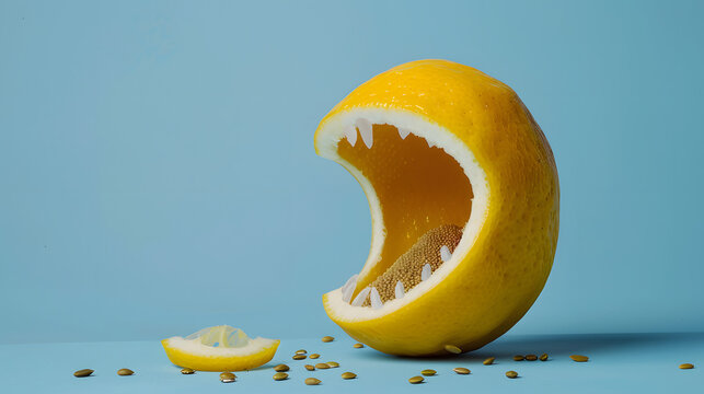 Lemon carved as an open mouth like Pac-Man trying to eat a slice of lemon on a light blue background. Copy space for text. 