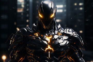 AI generated picture of fantasy game character in a metallic garment future warrior high technology