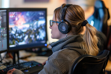 Woman sitting in front of two computer monitors with headphones and working