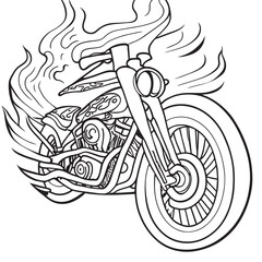motorcycle-and-flame-pattern-skeleton, vector illustration line art