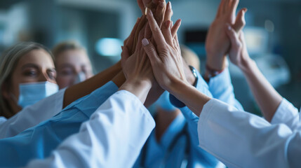 Group of medical professionals in scrubs and white coats, putting their hands together in a unified gesture