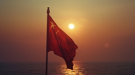 China flag waving in the wind on sunset background - obrazy, fototapety, plakaty