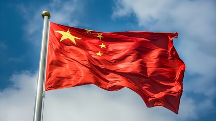 China flag waving in the wind on blue sky background - obrazy, fototapety, plakaty
