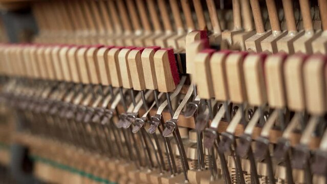 Close-up of inside the piano with string, pins and hammers