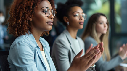 Women are sitting in a row with the focus on the middle one, and they appear to be clapping or applauding.