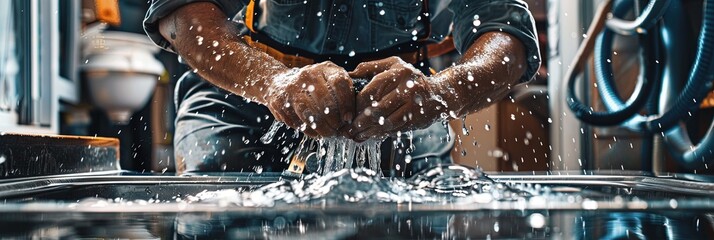 A plumber working on fixing the pipes to repair leaking water