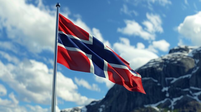 Norway flag waving in the wind on mountains and blue sky background