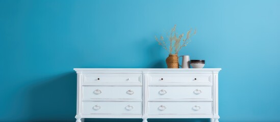 White dresser on blue background for various indoor settings. 