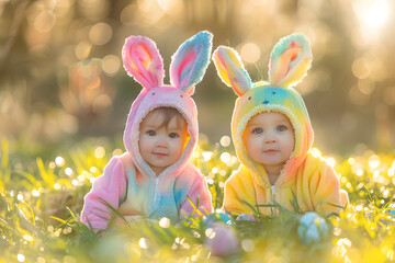 Two cute little child wearing bunny costume hunt for Easter eggs on sunny spring field. Toddlers in rabbit kigurumi play outdoors at green grass. Greeting card or banner with copy space