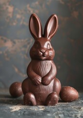 Chocolate easter bunny with easter egg decoration, isolated on blue background. Luxury chocolate, Easter holiday. Delicious milk, dark chocolate bunny.	