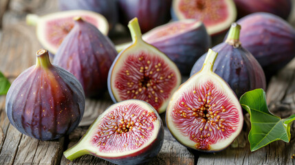 Arrangement of whole and cut fresh ripe figs