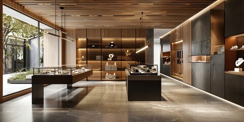 Modern retail jewelry store interior with products on display--empty with no people, fictional store by artificial intelligence - obrazy, fototapety, plakaty