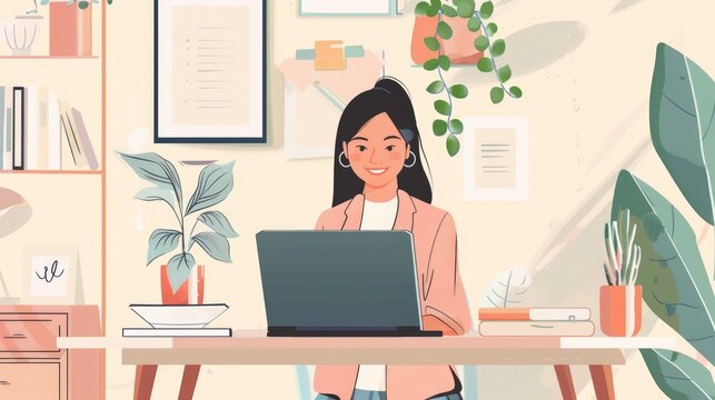 Asian Woman Enjoying Work Laptop on Desk in Home Settin