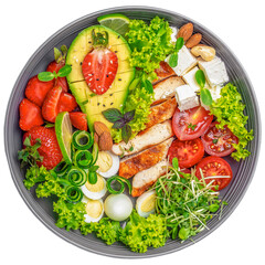 Ketogenic diet food, chicken fillet, quinoa, avocado, avocado, feta cheese, quail eggs,...