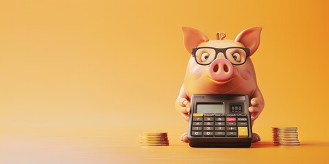Piggy bank wearing glasses and using a calculator to perform financial accounting of personal finances - obrazy, fototapety, plakaty