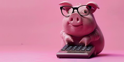 Piggy bank wearing glasses and using a calculator to perform financial accounting of personal finances - obrazy, fototapety, plakaty