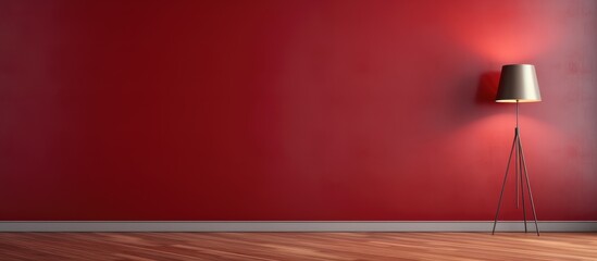 Interior design with red lamp in an empty room with wooden parquet floor.
