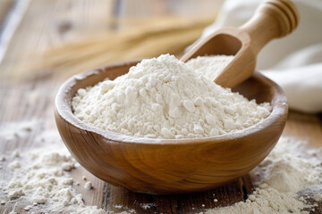 Fototapeta na wymiar Wooden Bowl of White Rice Flour on Rustic Kitchen Table.