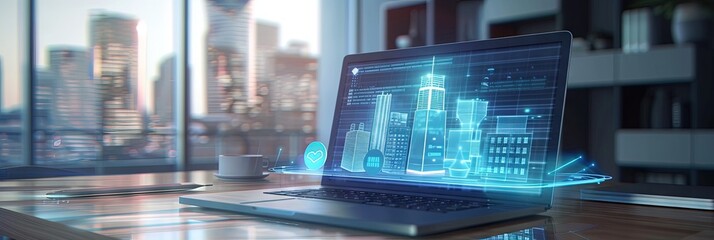 Commercial real estate website concept with business buildings on a laptop screen
