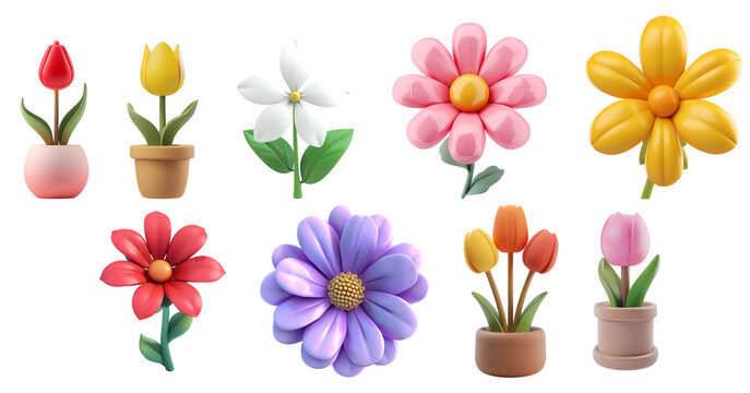 Collection of Vibrant Flowers in Various Styles: Simple Cartoon 3D Illustration of Tulips and Spring and Summer Blooms, Isolated on Transparent Background, PNG