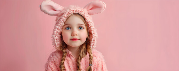 Fototapeta premium Cute little child wearing pink bunny costume on Easter day. Toddler girl in rabbit kigurumi on pastel rose background. Happy Easter concept. Template for greeting card, banner, poster, flyer 