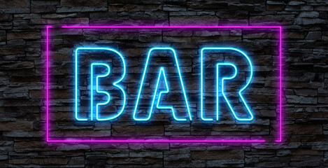 Obraz premium Bar neon template. Glowing lettering Bar and cocktail glass.