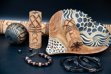 Musical traditional ethnical and tribal rhythmic idiophones made of wood with some grains or send...