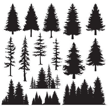 Tree Silhouette Illustration Vector Collection. Vintage trees and forest silhouettes set in monochrome style isolated vector illustration.

