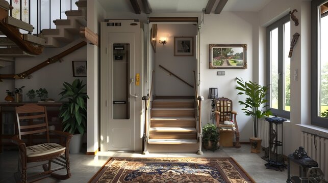 Home elevator installed in the house, Ideal for concepts related to accessibility, modern home design, and improving mobility for seniors or people with disabilities.