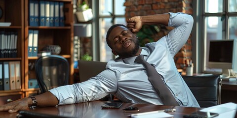 Black man stretching in the office wearing business professional suit - obrazy, fototapety, plakaty