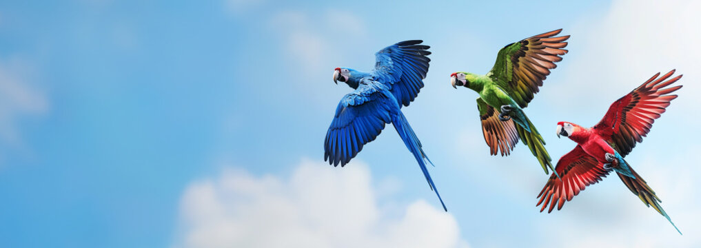 Spectacle in Flight: Trio of Araras in Mid-Air, a Kaleidoscope of Plumage Against the Radiant Blue Sky, Illustrating Nature's Aerial Ballet in Vivid Hues. With copy space to the left. Dreamy blue sky.