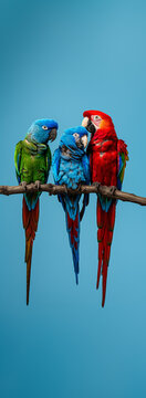 Harmony in Color: Trio of Araras Perched on a Branch, Their Diverse Plumage Creating a Vibrant Tapestry Against the Azure Sky in a Tropical Avian Gathering. A gree, blue and red arara on a dry branch.