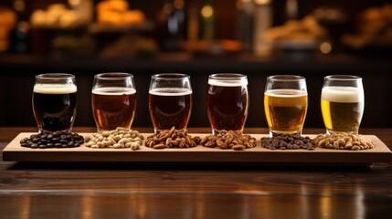 Glasses with different sorts of craft beer on wooden tray. Table for company of friends. Crispy snacks and different types of beer in glasses on wooden background, close up - obrazy, fototapety, plakaty