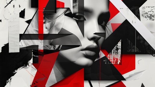 Abstract portrait of a woman with red and black geometric shapes, abstract collage, concept abstract expressionism, creativity, edgy, composition, visual art, artistry,