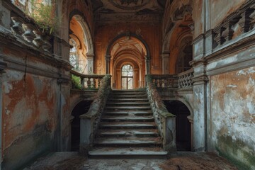 Fototapeta na wymiar Abandoned castle. Empty hall room. Generate Ai