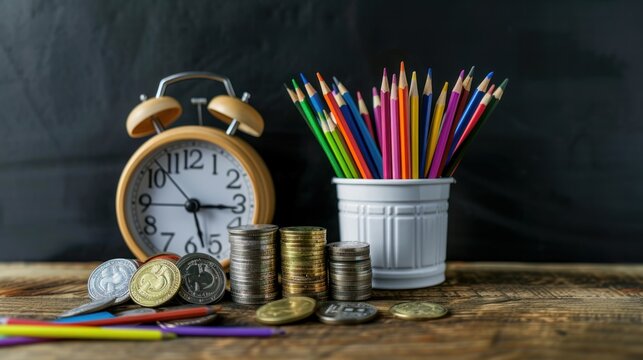 Stack of pound coins pencils in white pot and wooden clock on wooden table with black broad background