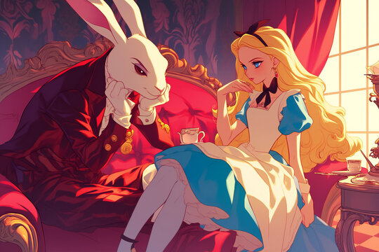 girl and rabbit, couple in the city, the girl in a blue dress, Alice in Wonderland with The White Rabbit