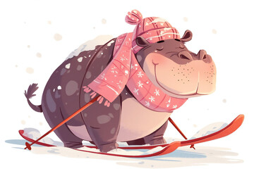 cute hippo on skis, skiing, skier on a ski resort