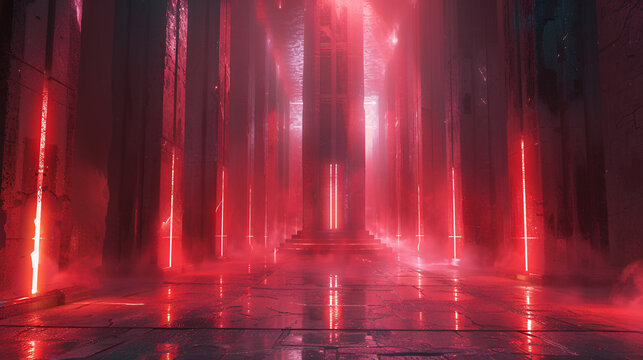 Mystical red-lit corridor with towering pillars, evoking a sense of eerie beauty and enigma. © RuslanWowAI