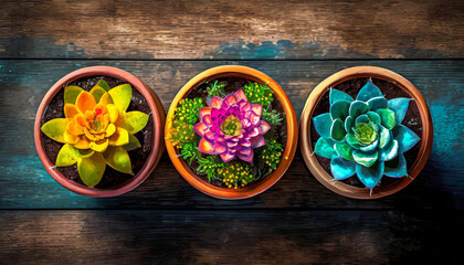 Top view of colorful flowers in pots on wooden background. Season and gardening concept. Copy space